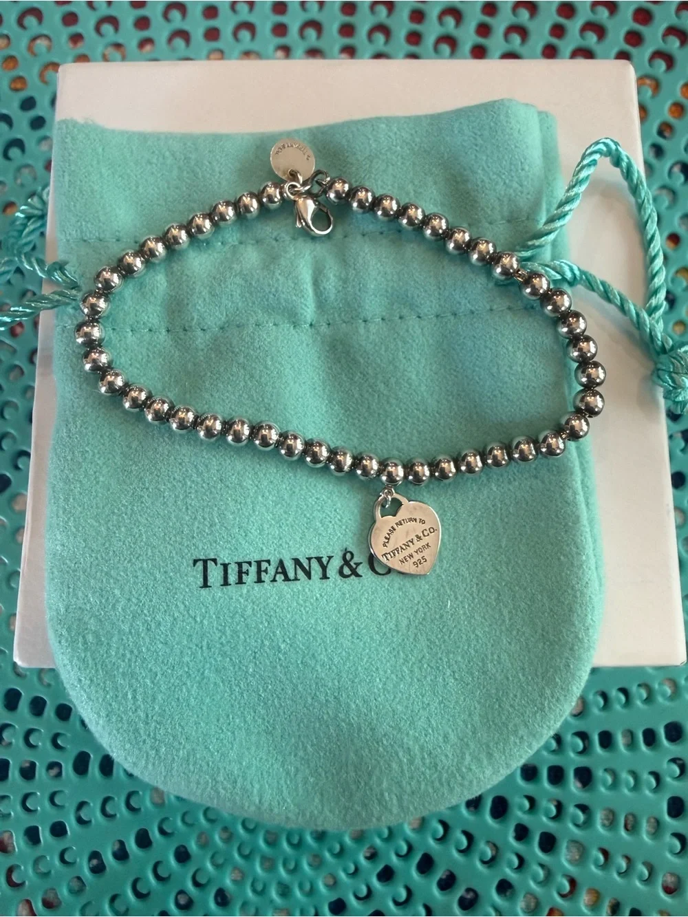 Tiffany & Co. Silver Bead Bracelet with Heart Tag on Turquoise Pouch - Picture 1 of 8